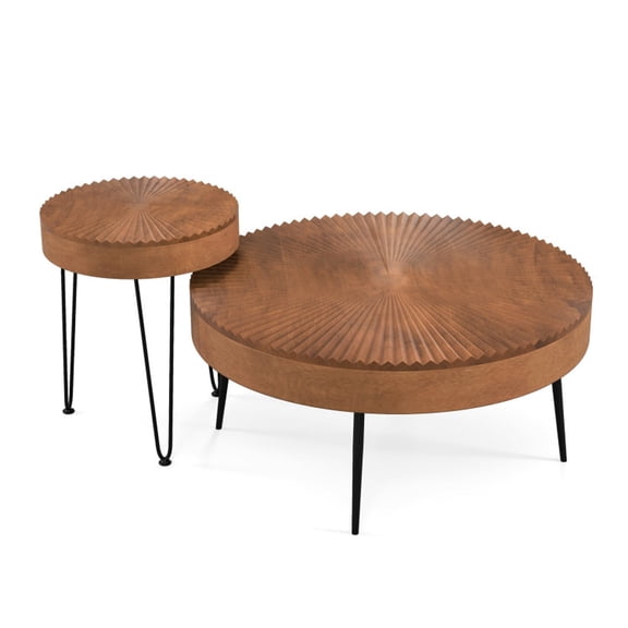 Furnibear Set of 2 Boho Round Coffee Table with Solid Pine Wood Top and Metal Legs - Rustic Brown - Living Room Cocktail Center Table