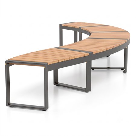 Furnibear Set of 2 Curved Outdoor Patio Benches with Slatted Acacia Seat and Metal Legs for Backyard and Poolside, Natural