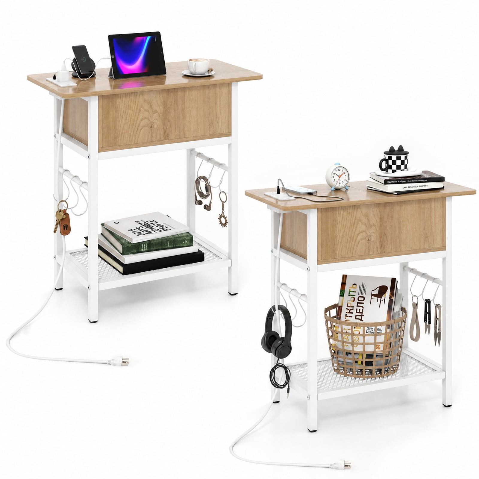 Furnibear Set of 2 End Table with Charging Station and Hidden Compartment USB Type C Ports and Bottom Shelf for Living Room Bedroom, Natural