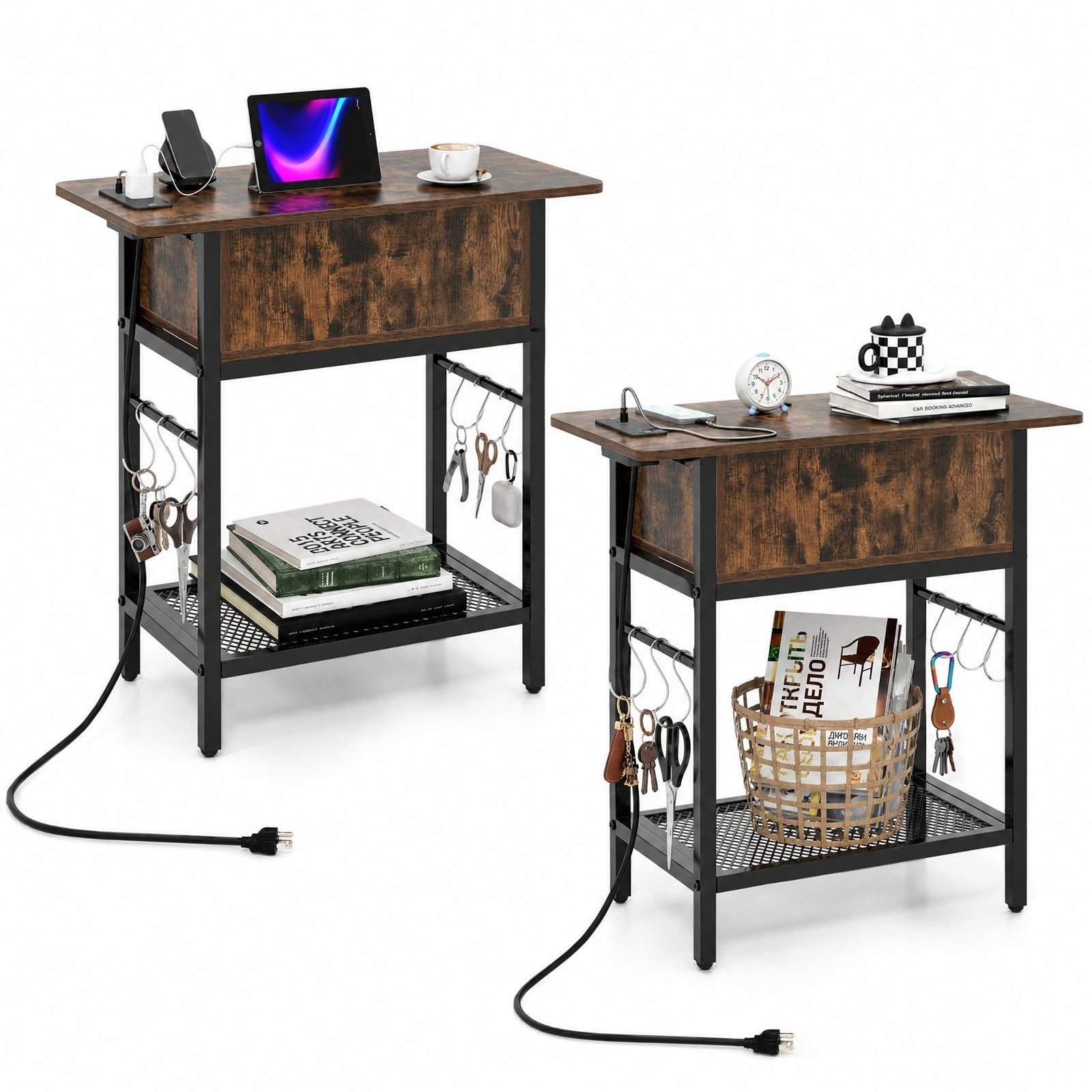 Furnibear Set of 2 End Table with Charging Station and Hidden Compartment USB Type C Ports and Bottom Shelf for Living Room Bedroom, Rustic Brown