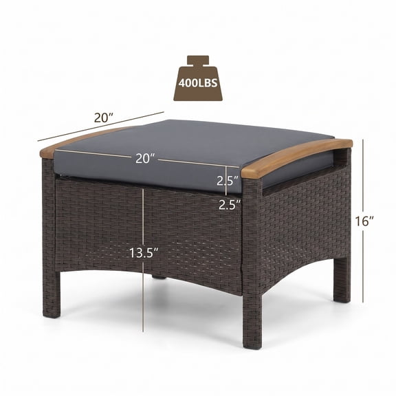 Furnibear Set of 2 Fade-Resistant PE Wicker Patio Ottomans with Cushions and Wood Handles for Outdoor Foot Rest and Extra Seating, Gray