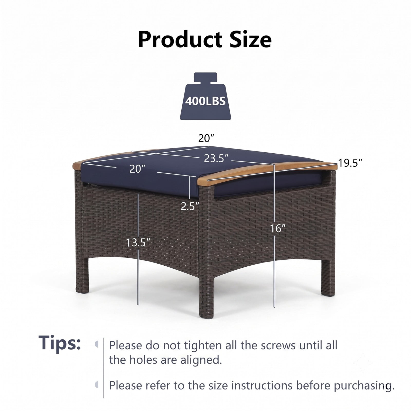 Furnibear Set of 2 Fade-Resistant PE Wicker Patio Ottomans with Cushions and Wood Handles for Outdoor Foot Rest and Extra Seating, Navy