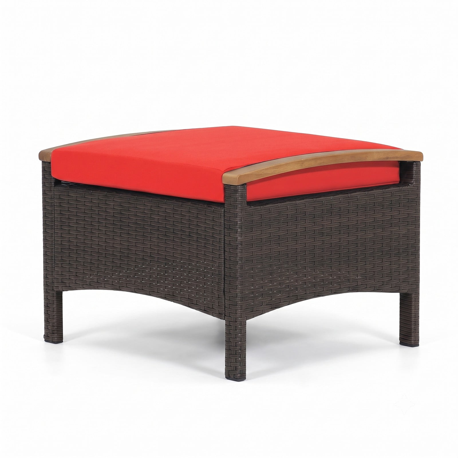 Furnibear Set of 2 Fade-Resistant PE Wicker Patio Ottomans with Cushions and Wood Handles for Outdoor Foot Rest and Extra Seating, Red