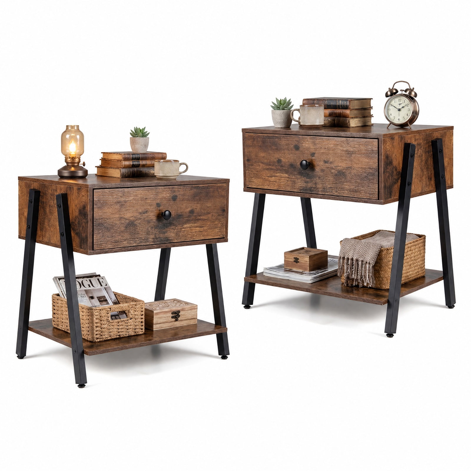 Furnibear Set of 2 Industrial Nightstand with Adjustable Foot Pads for Bedroom for Bedroom Living Room Bedside Sofa Side Small Space, Rustic Brown