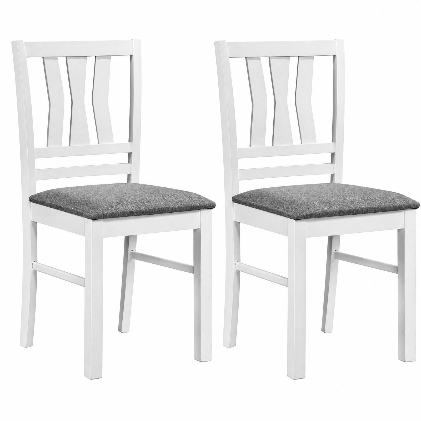 Furnibear Set of 2 Linen Style Upholstered Kitchen Chairs with Slatted Backrest and Rubber Wood Frames for Dining Room, White