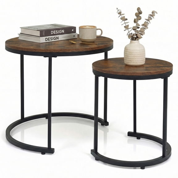 Furnibear Set of 2 Modern Round Stacking Nesting Coffee Tables for Living Room - Rustic Brown - Living Room Cocktail Center Table