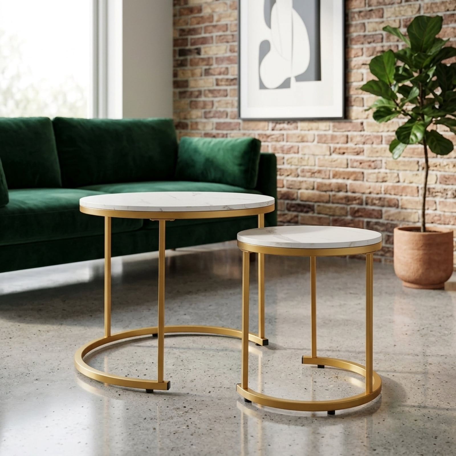Furnibear Set of 2 Modern Round Stacking Nesting Coffee Tables with Powder Coated Steel Frame for Living Room and Bedroom, Gold