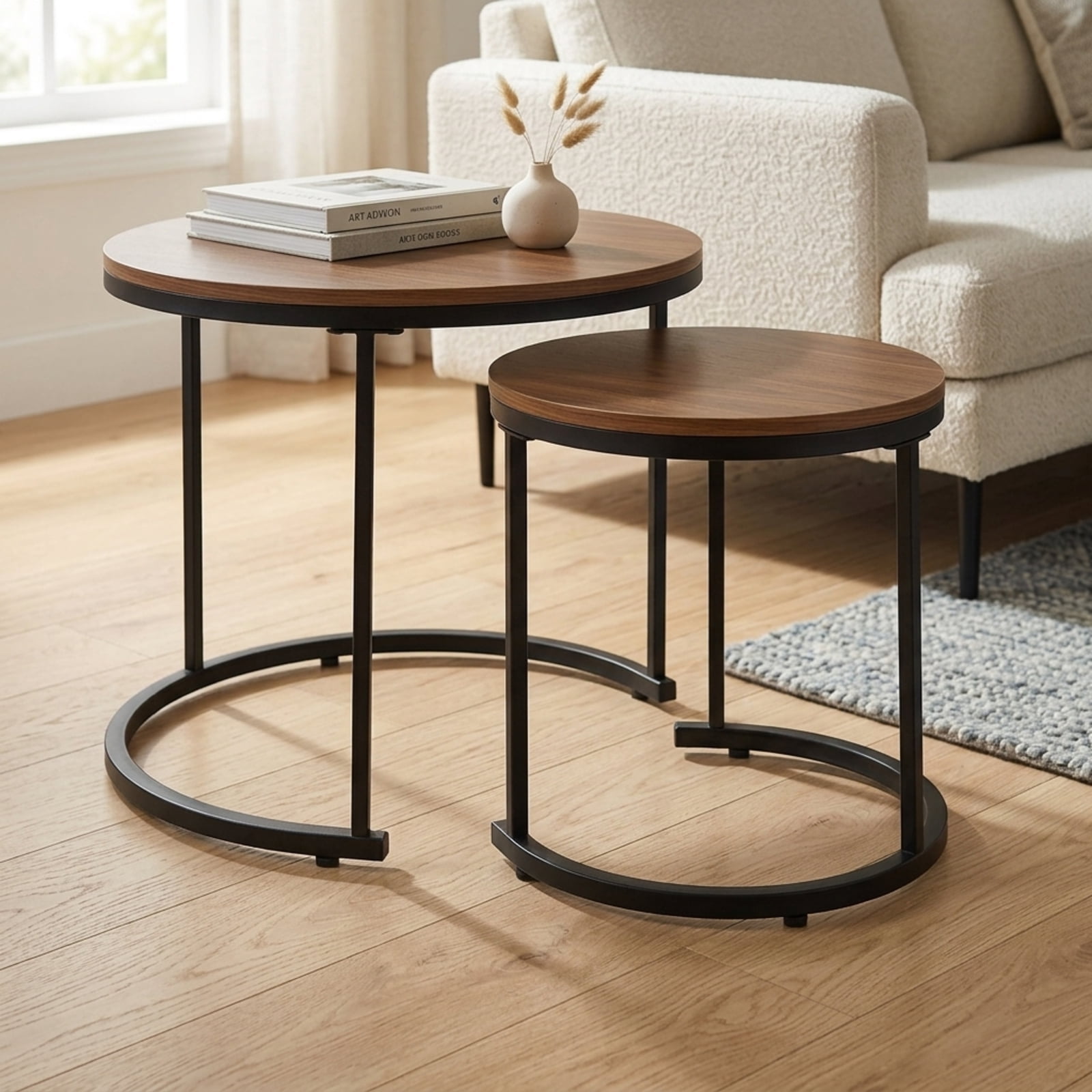 Furnibear Set of 2 Modern Round Stacking Nesting Coffee Tables with Steel Frame for Living Room and Bedroom, Light, Brown