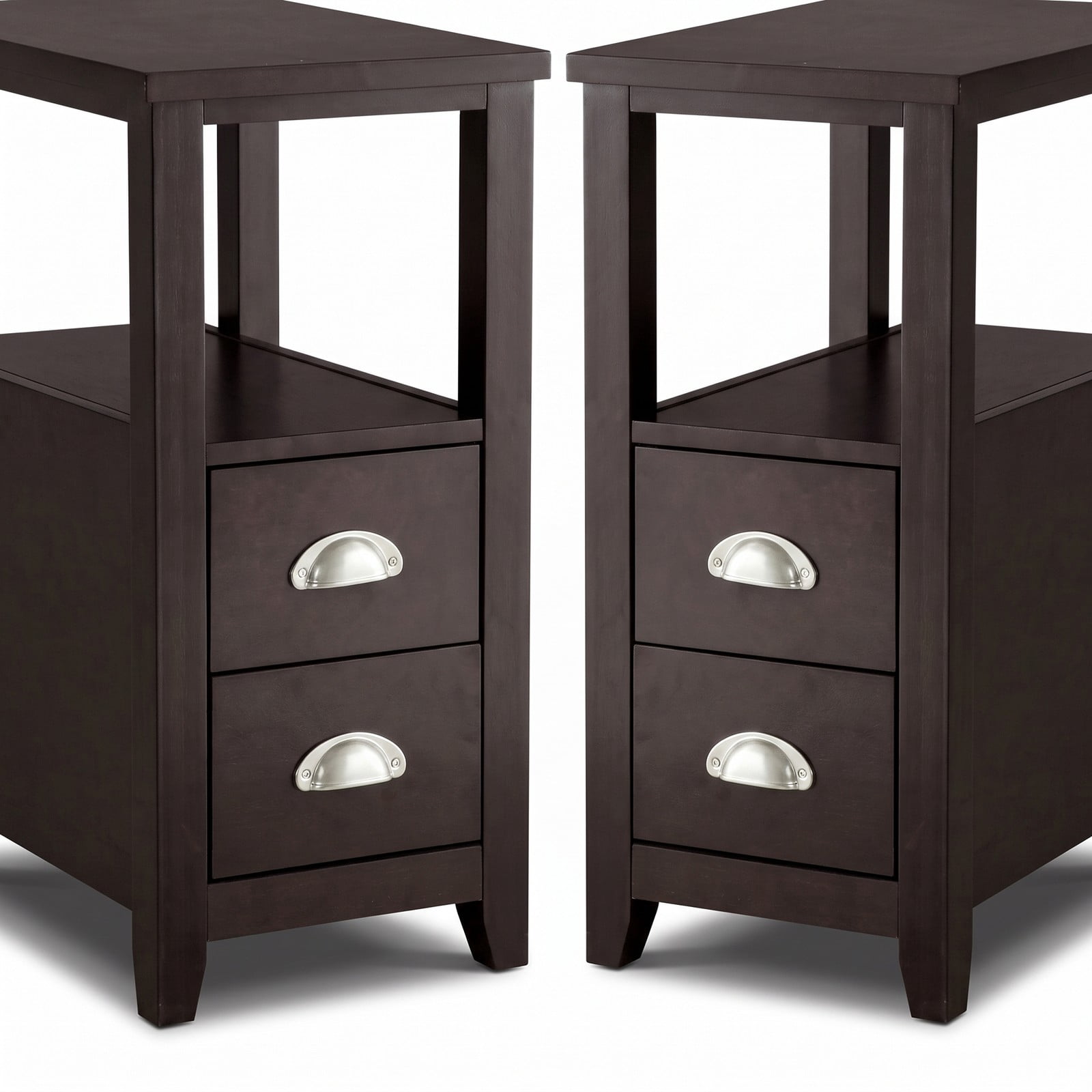 Furnibear Set of 2 Narrow Nightstands with 2 Drawers and Open Shelf Wooden Bedside End Tables for the Bedroom, Dark Brown