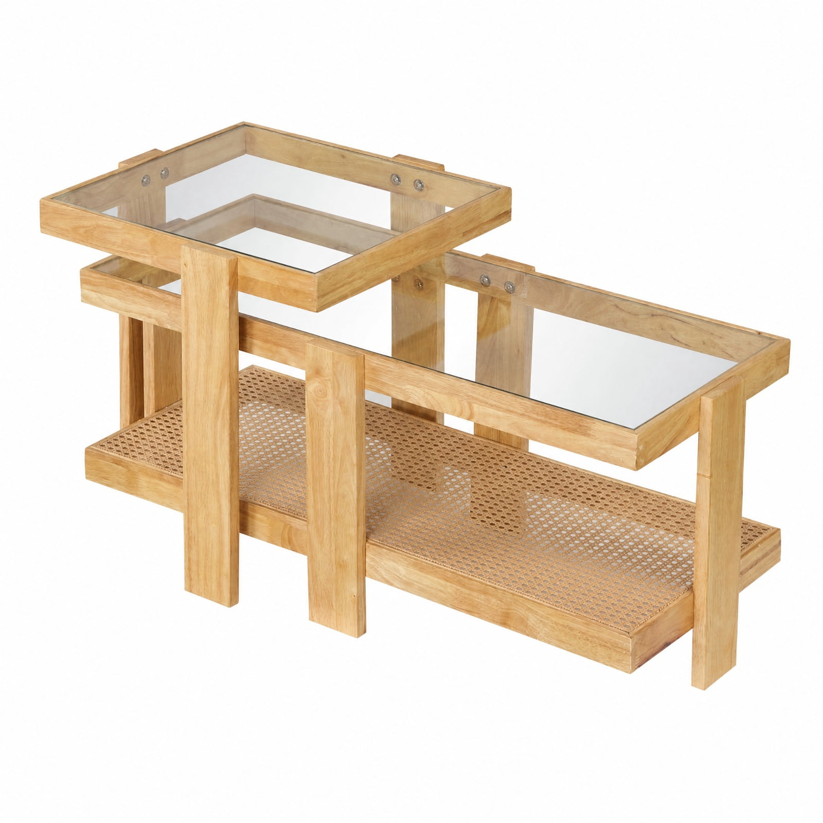 Furnibear Set of 2 Nesting Coffee Table with Tempered Glass Top and Boho Rattan Storage Shelf for Living Room for Home and Living Space, Natural