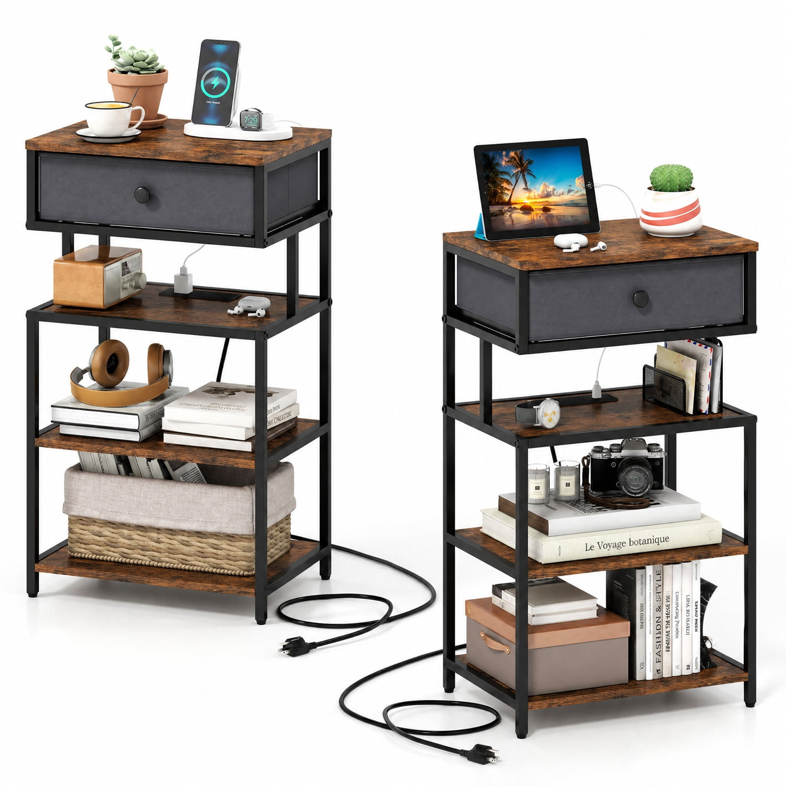 Furnibear Set of 2 Nightstand with Charging Station 28 Inch Tall Bedside Table with Fabric Drawer for Bedroom Living Room Bedside Sofa, Rustic Brown