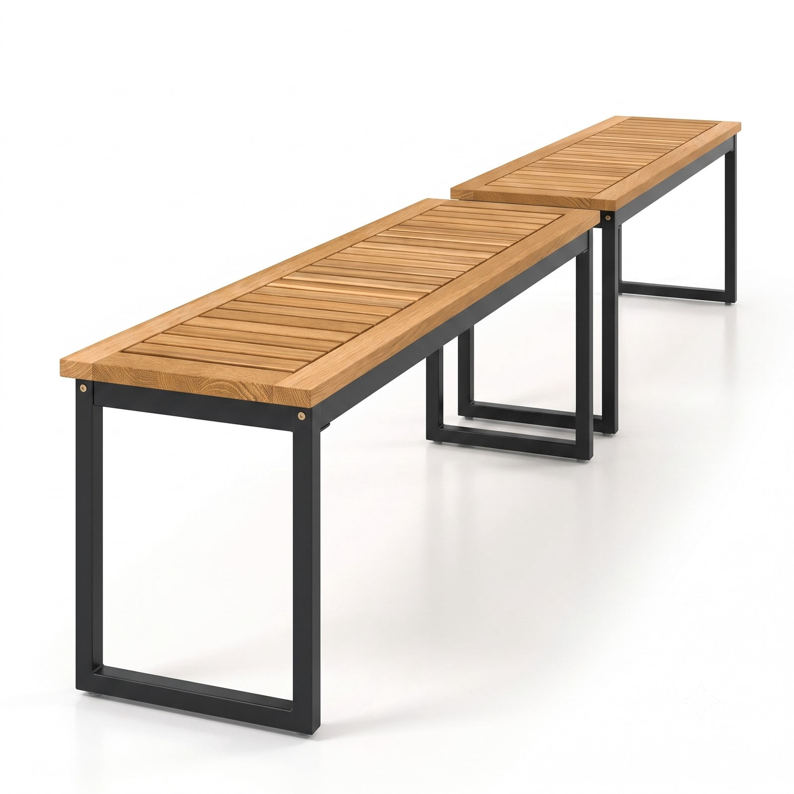 Furnibear Set of 2 Patio Dining Benches Backless with Slatted Acacia Seat and Metal Legs for Indoor and Outdoor, Natural