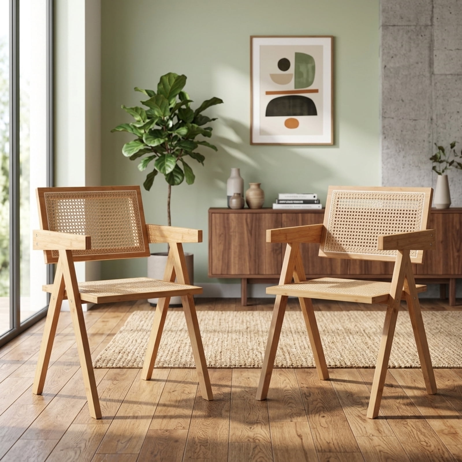 Furnibear Set of 2 Rattan Accent Chairs with Natural Bamboo Frame and Wide Seat for Living Room Dining Room and Kitchen, Natural