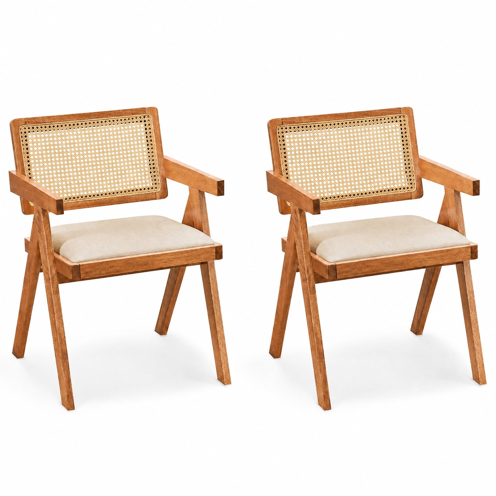 Furnibear Set of 2 Rattan Accent Chairs with Padded Cushion and Rubber Wood Frame for Dining Room Kitchen and Living Room, Beige