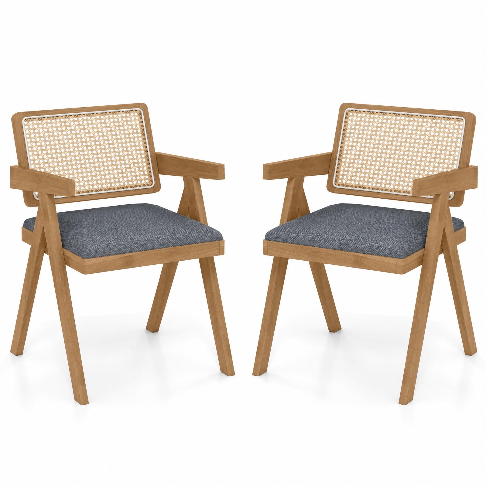Furnibear Set of 2 Rattan Accent Chairs with Padded Cushion and Rubber Wood Frame for Dining Room Kitchen and Living Room, Gray