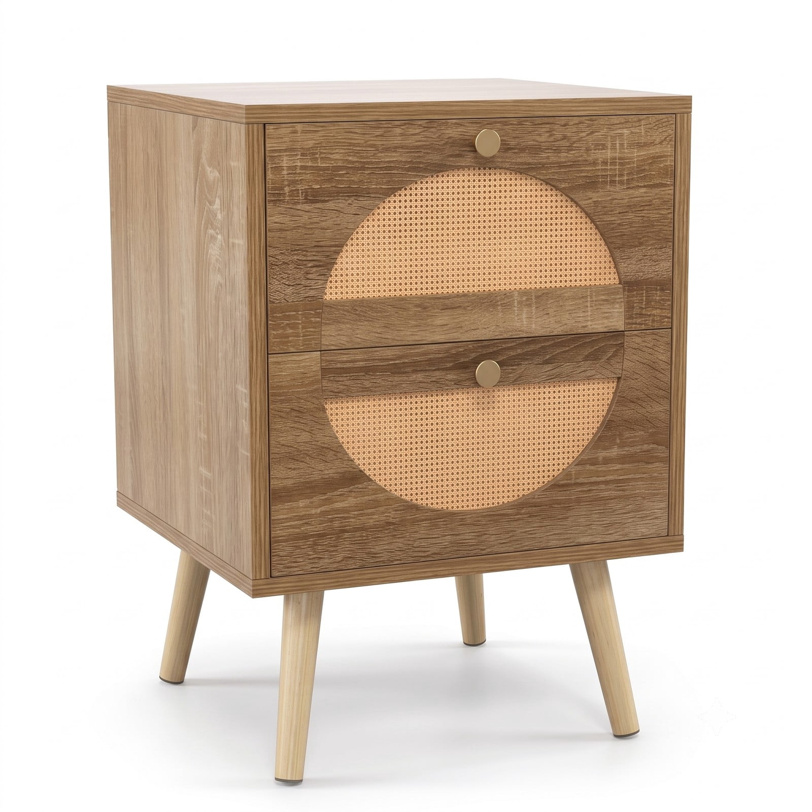 Furnibear Set of 2 Rattan Nightstands with 2 Drawers and Raised Solid Wood Legs for Bedroom Living Room and Guest Room, Natural