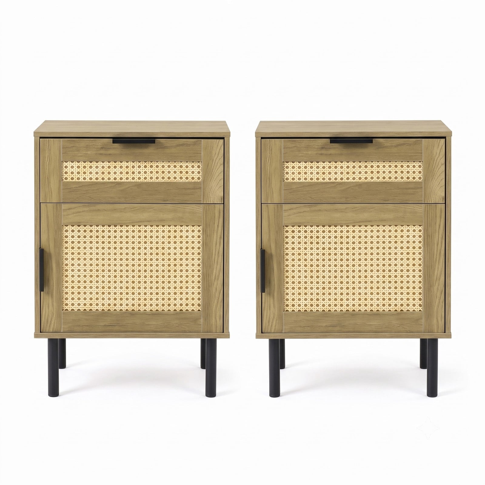 Furnibear Set of 2 Rattan Nightstands with Drawer and Storage Cabinet plus Metal Legs for Bedroom Dorm and Guest Room, Natural