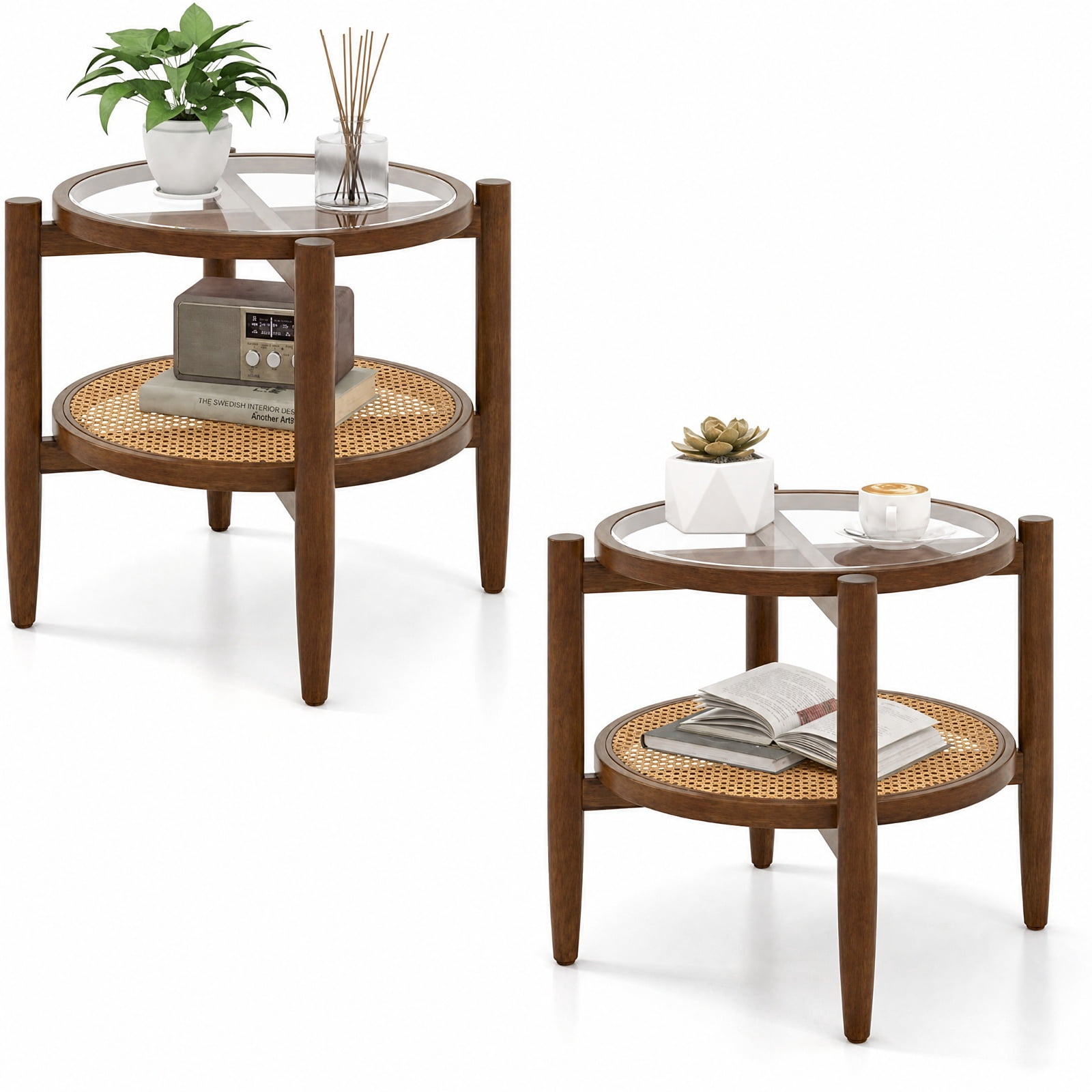 Furnibear Set of 2 Rattan Round Side End Table with Tempered Glass Top and Woven Shelf on Acacia Wood Legs for Living Room Bedroom, Walnut