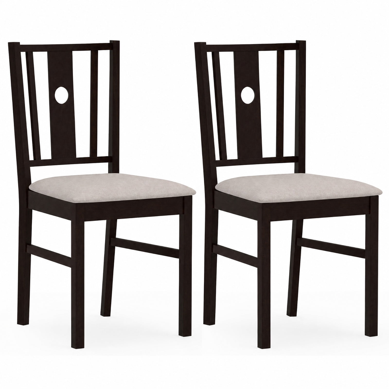 Furnibear Set of 2 Rubber Wood Kitchen Chairs with Fabric Padded Seat and Slatted High Back for Dining Room and Kitchen, Coffee