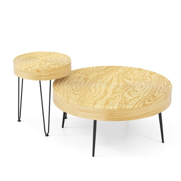Furnibear Set of 2 Solid Wood Farmhouse Round Coffee Tables - Natural - Living Room Cocktail Center Table