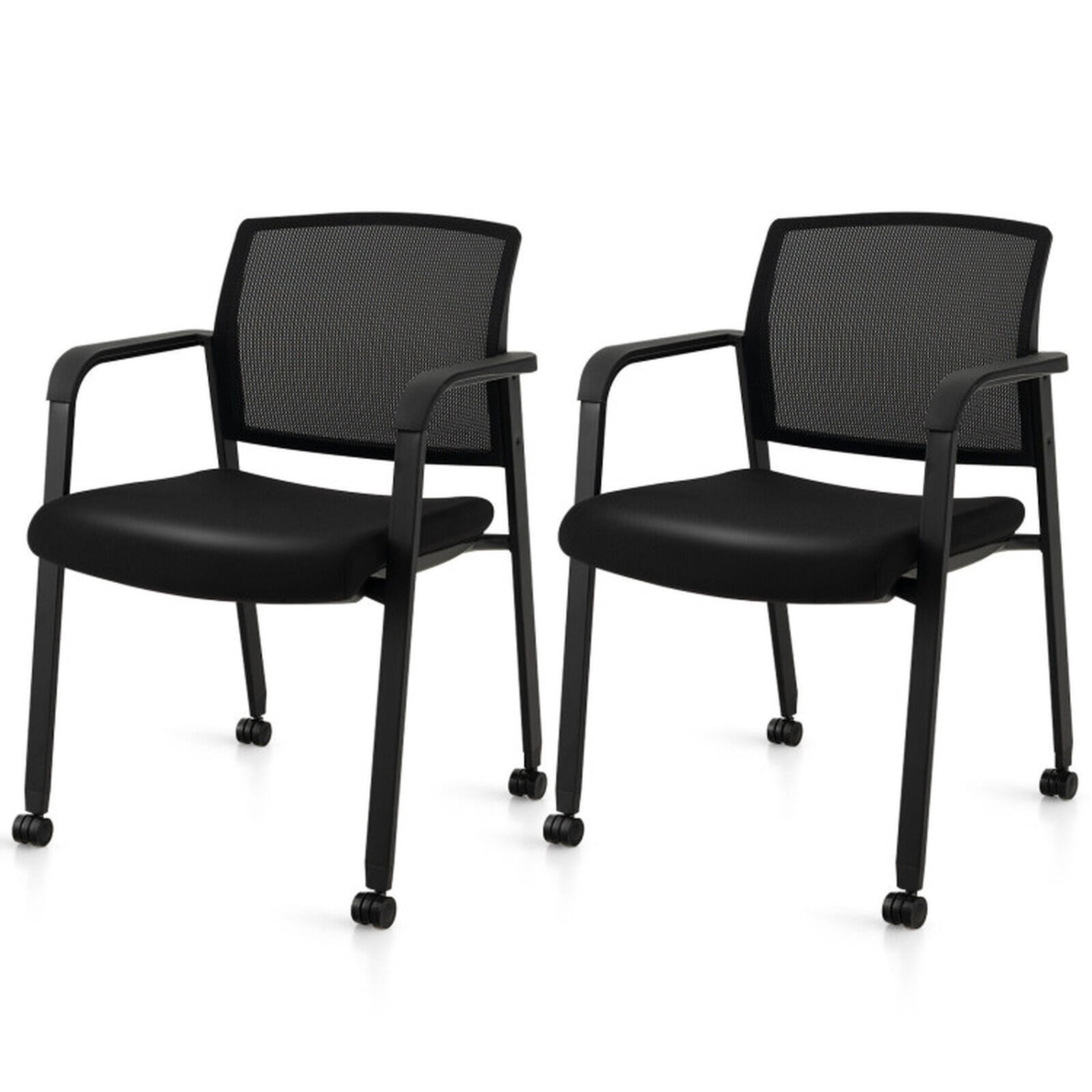 Furnibear Set of 2 Stackable Rolling Office Chairs with Ergonomic Mesh Backrest Padded Seat and Casters for Reception Conference Room, Black