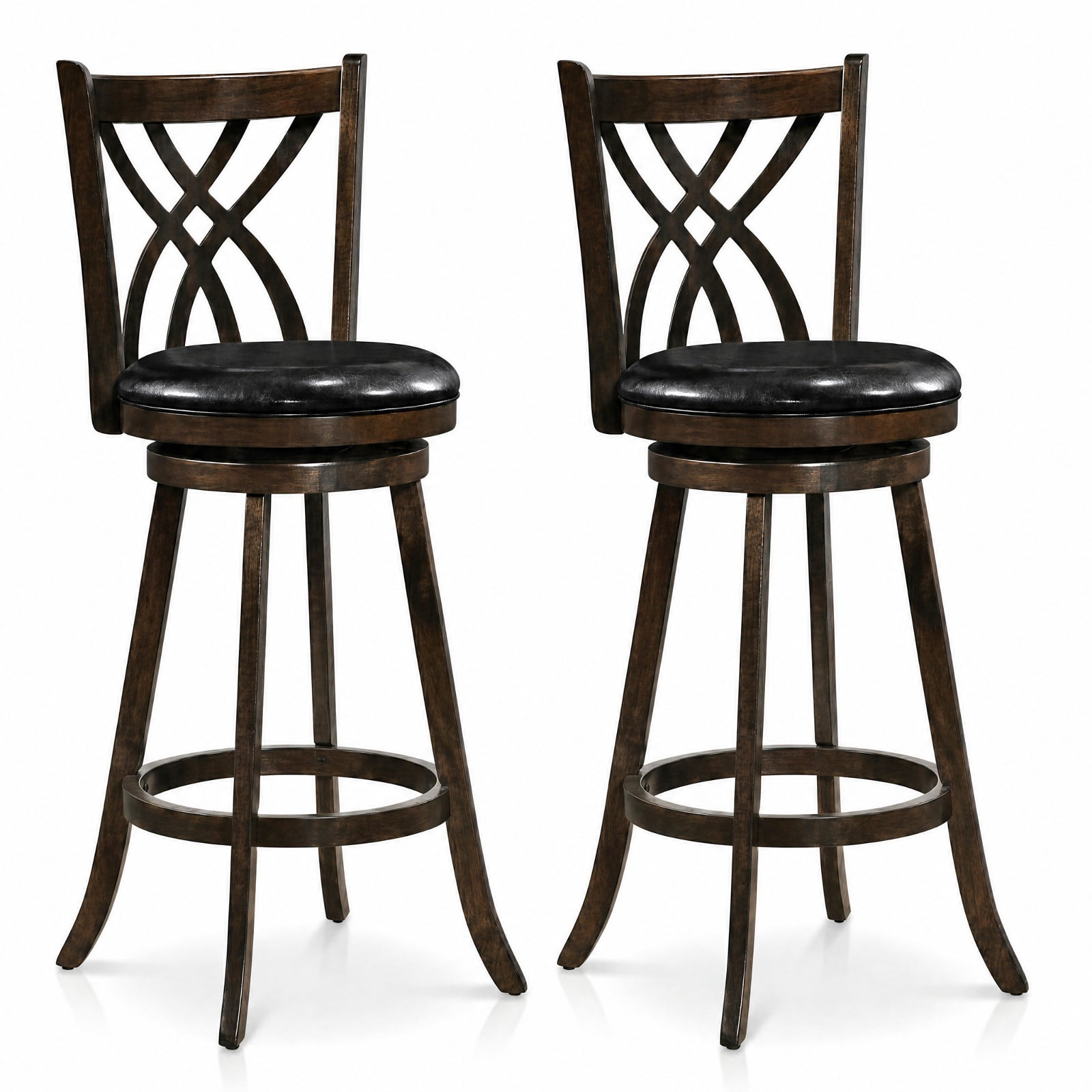 Furnibear Set of 2 Swivel Counter Height Bar Stools with Rubber Wood Frame and Backrest