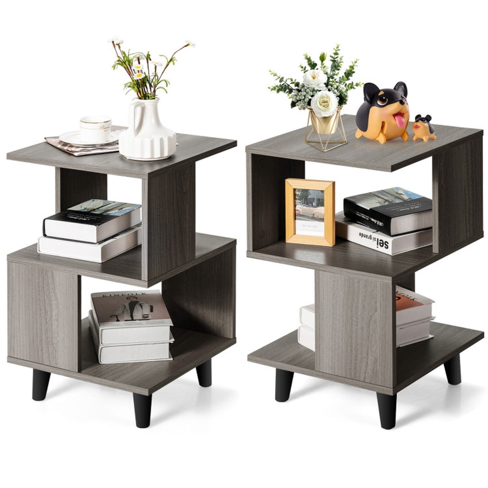 Furnibear Set of 2 Wooden Nightstands with Legs and Open Display Shelf Bedside Tables for Bedroom Living Room and Small Spaces, Grey