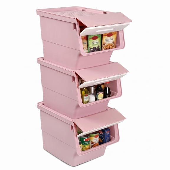 Furnibear Set of 3 Stackable 35 QT Storage Bins on Wheels with Flip Door and Stay-Open Lid for Bedroom and Closet Use, Pink