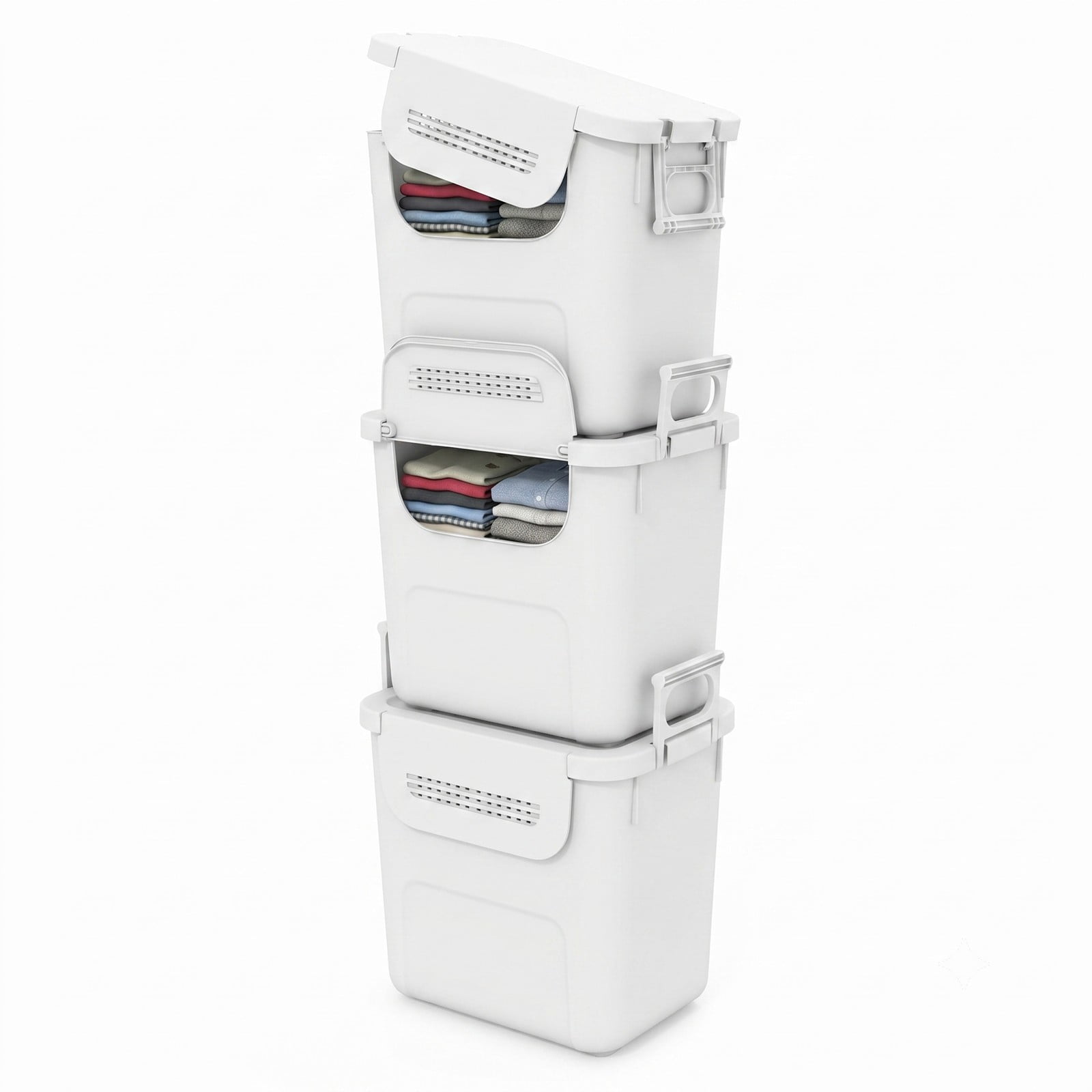 Furnibear Set of 3 Stackable Plastic Storage Bins with Front Flap Door and Side Handles for Kitchen and Closet Organization, White