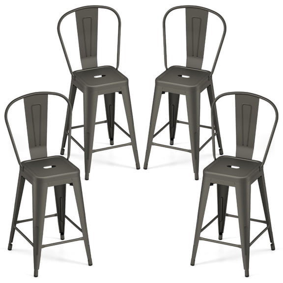 Furnibear Set of 4 Metal Bar Stools with Backrests and Footrests, Gun Metal