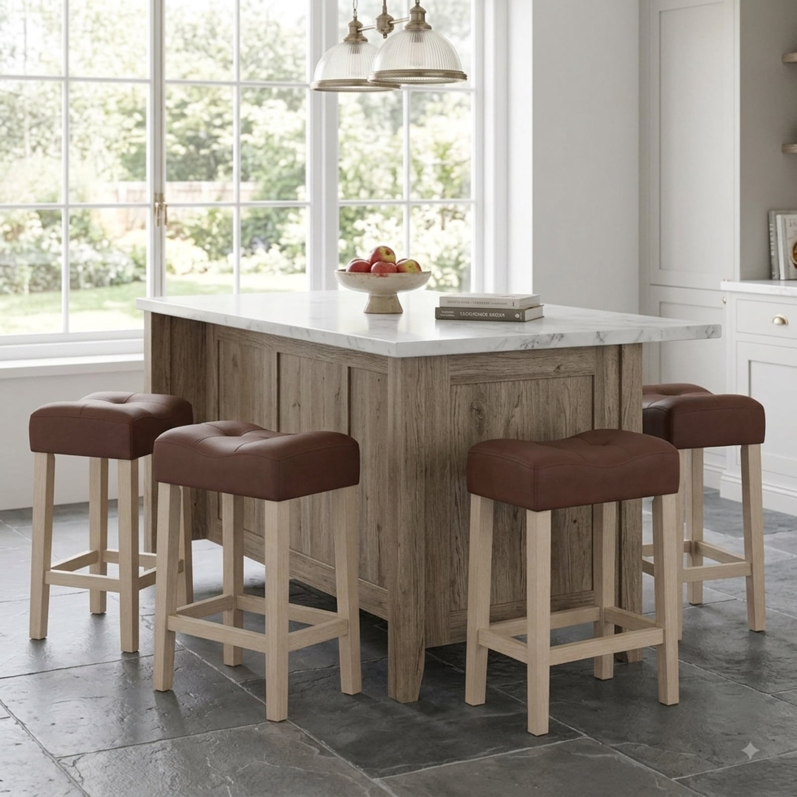 Furnibear Set of 4 Upholstered Counter Height Bar Stool with Curved Saddle-Seat for Kitchen Island Counter Bar Pub Dining Home, Natural