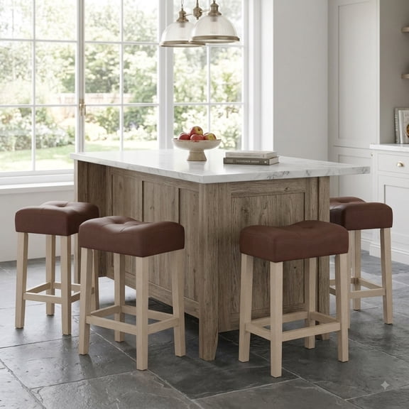Furnibear Set of 4 Upholstered Counter Height Bar Stool with Curved Saddle-Seat for Kitchen Island Counter Bar Pub Dining Home, Natural