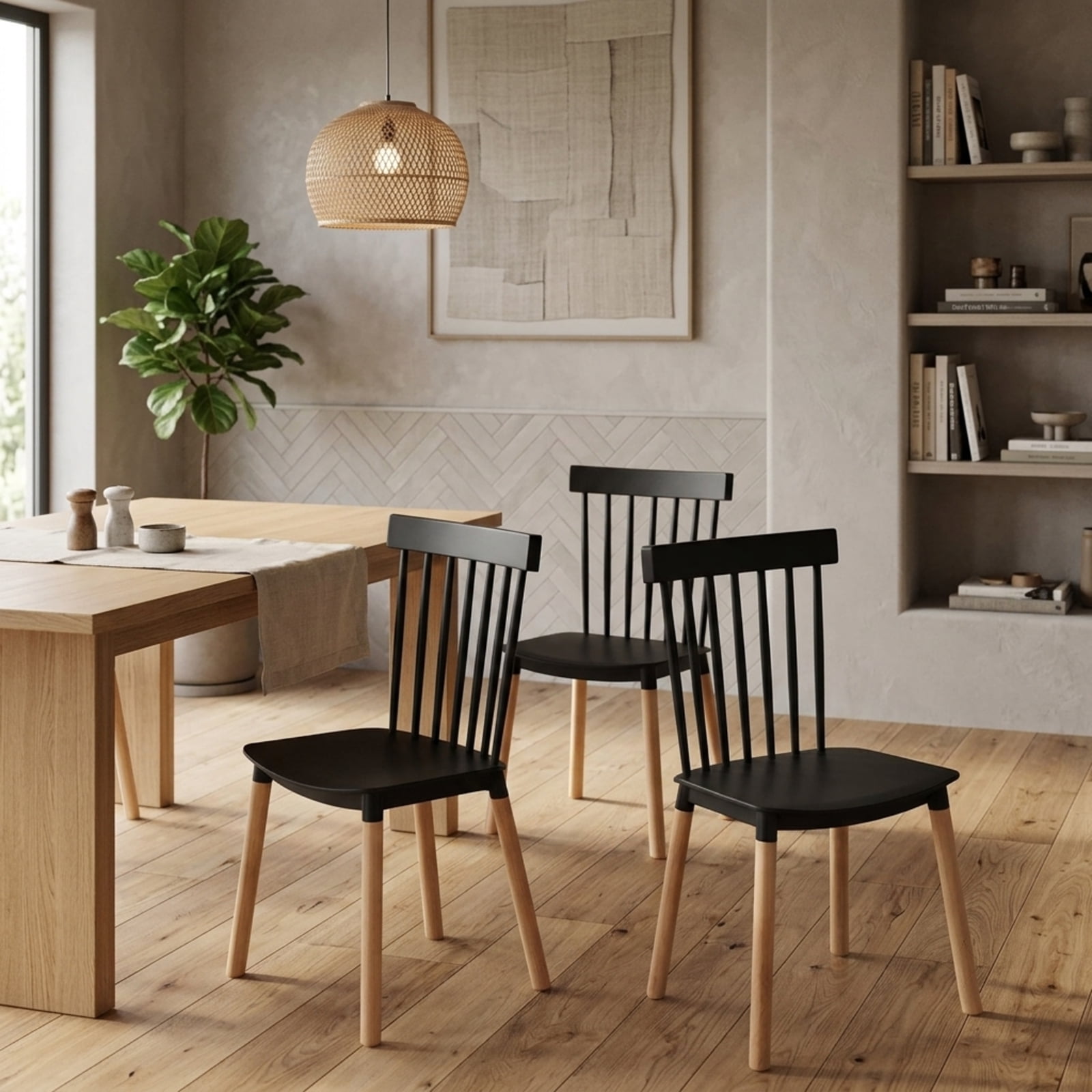Furnibear Set of 4 Windsor Dining Chairs with Spindle Backs and Curved Seats for Kitchen Dining Room Living Room Home, Black