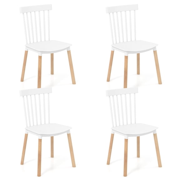 Furnibear Windsor Wood Dining Chairs Set of 4 with Spindle Back and Curved Seat and Beech Wood Legs for Kitchen and Dining Room, White