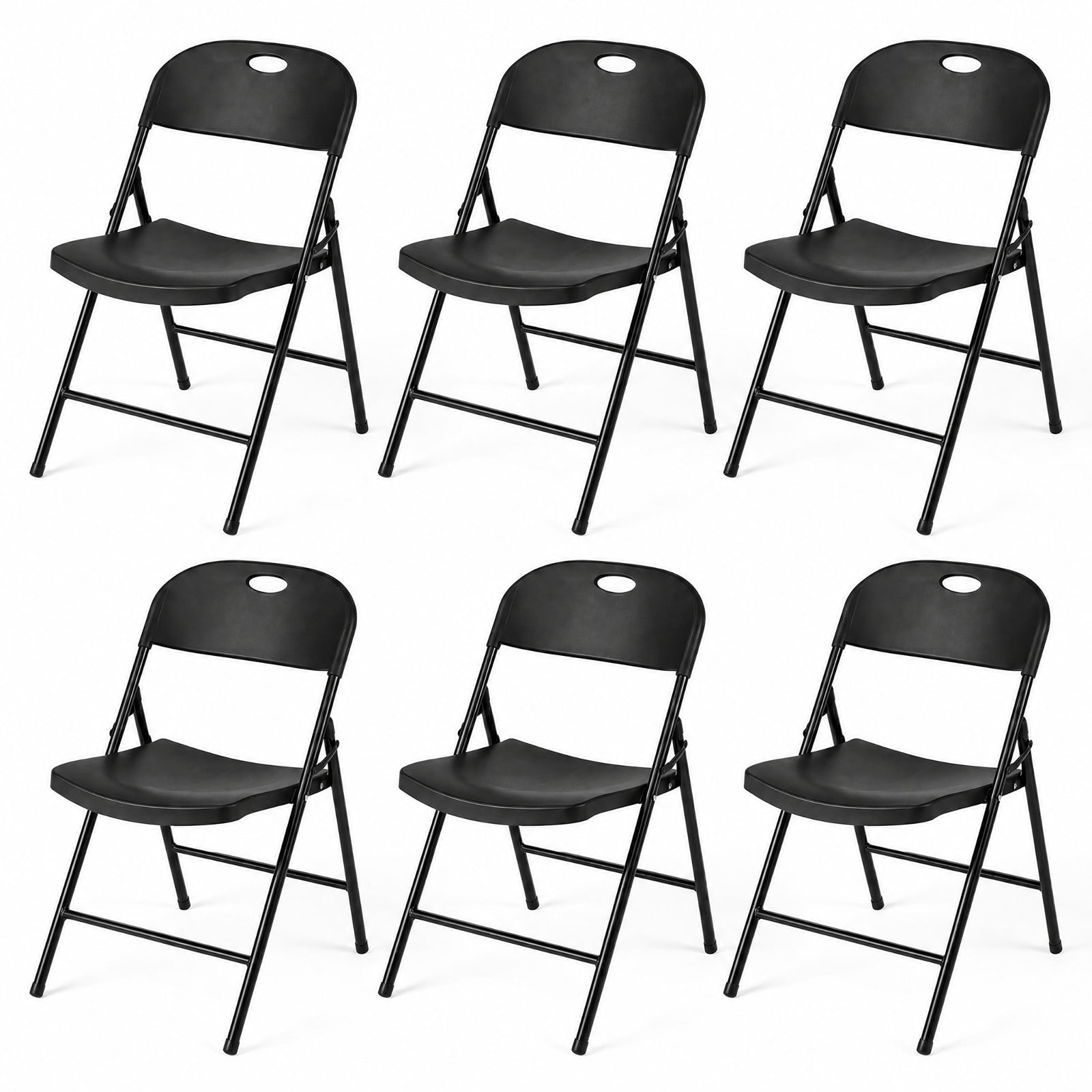 Furnibear Set of 6 Foldable Plastic Chairs with Ergonomic Backrest for Kitchen Dining Room Living Room Home, Black