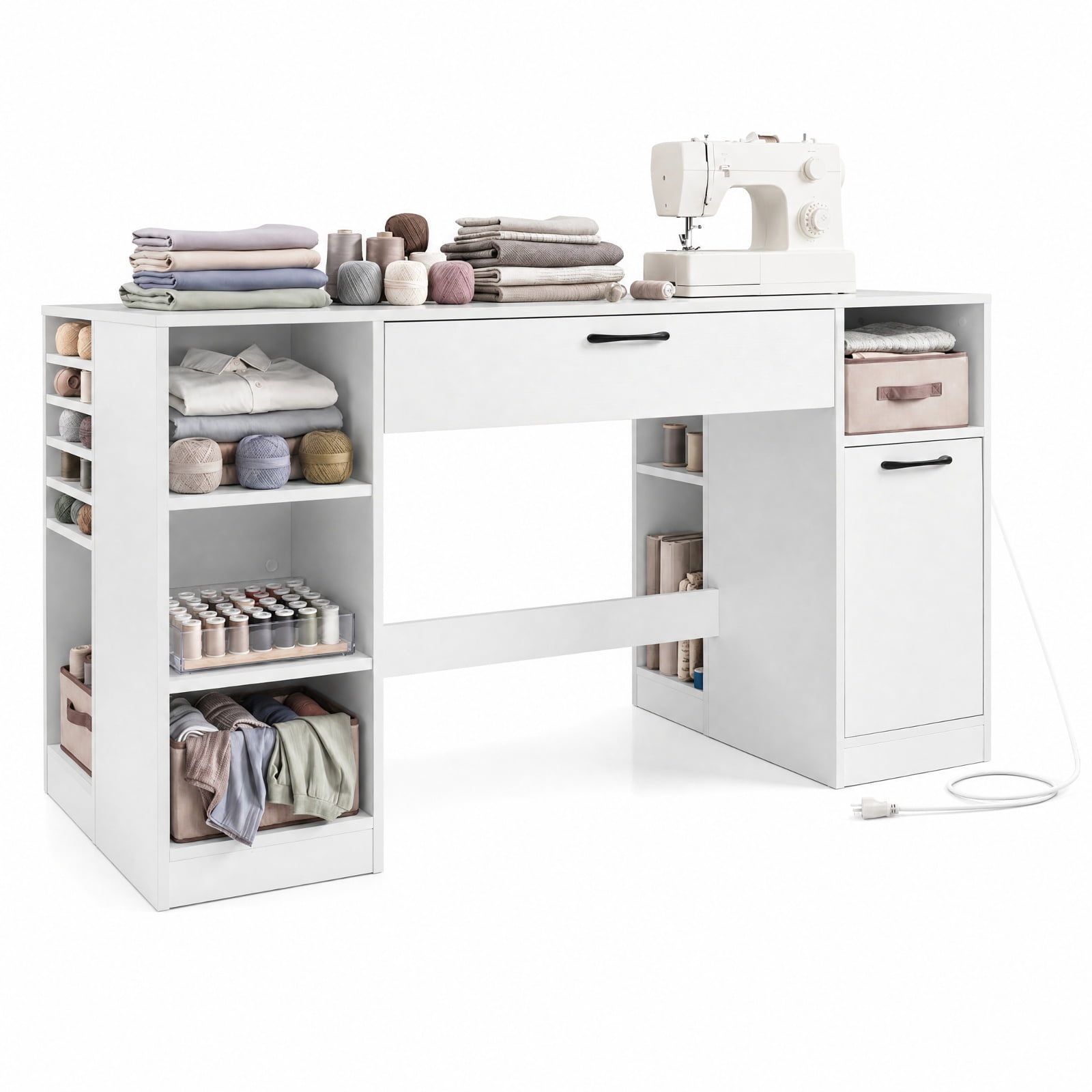 Furnibear Sewing Table Craft Station Desk with Power Outlets 2 Drawers and Open Compartments for Home Office Crafting Work, White