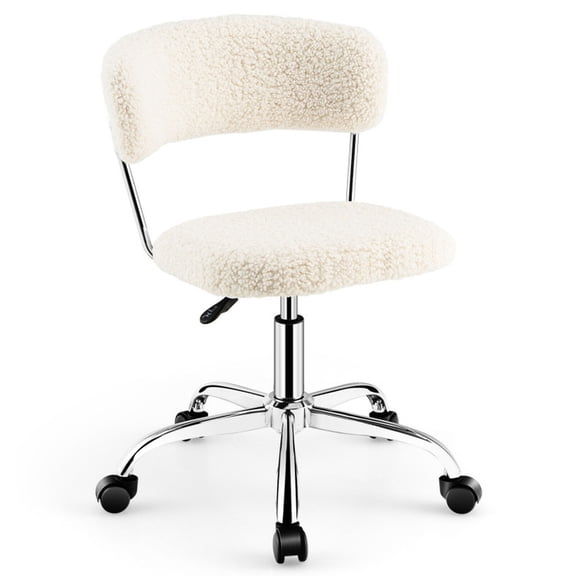Furnibear Sherpa Office Chair Armless Swivel Vanity Chair, Adjustable Height Computer Desk Chair Rolling Makeup Stool for Home Bedroom, White