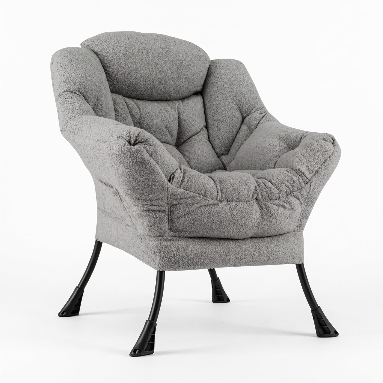 Furnibear Sherpa Upholstered Accent Chair with Cozy Head Pillow, Button Tufted Single Sofa Armchair with Side Pocket for Living Room Bedroom Home Office, 330 lbs, Gray