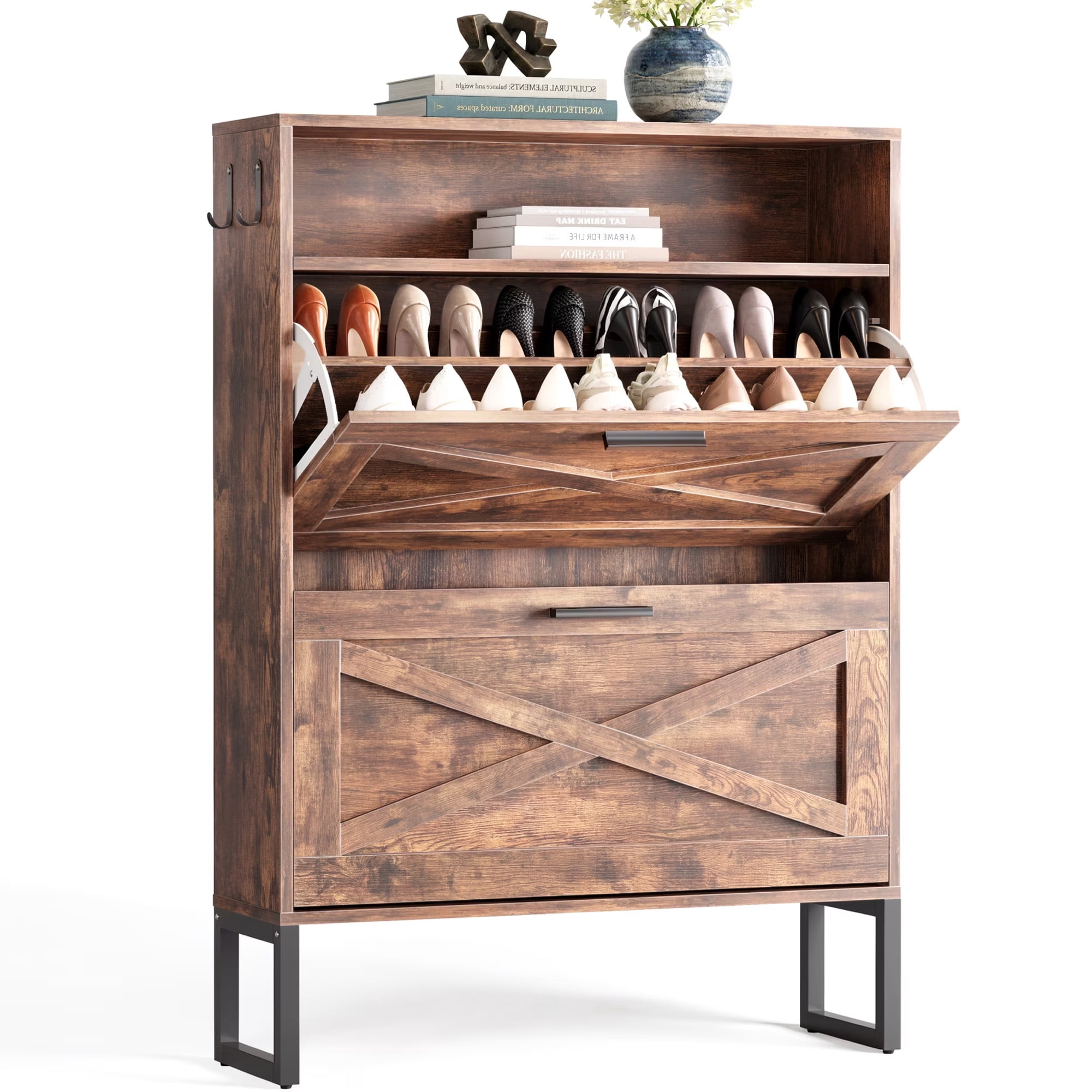 Furnibear Shoe Cabinet with Flip Door Shoe Storage and Adjustable Shelves for Entryway and Closet, Burnt Wood