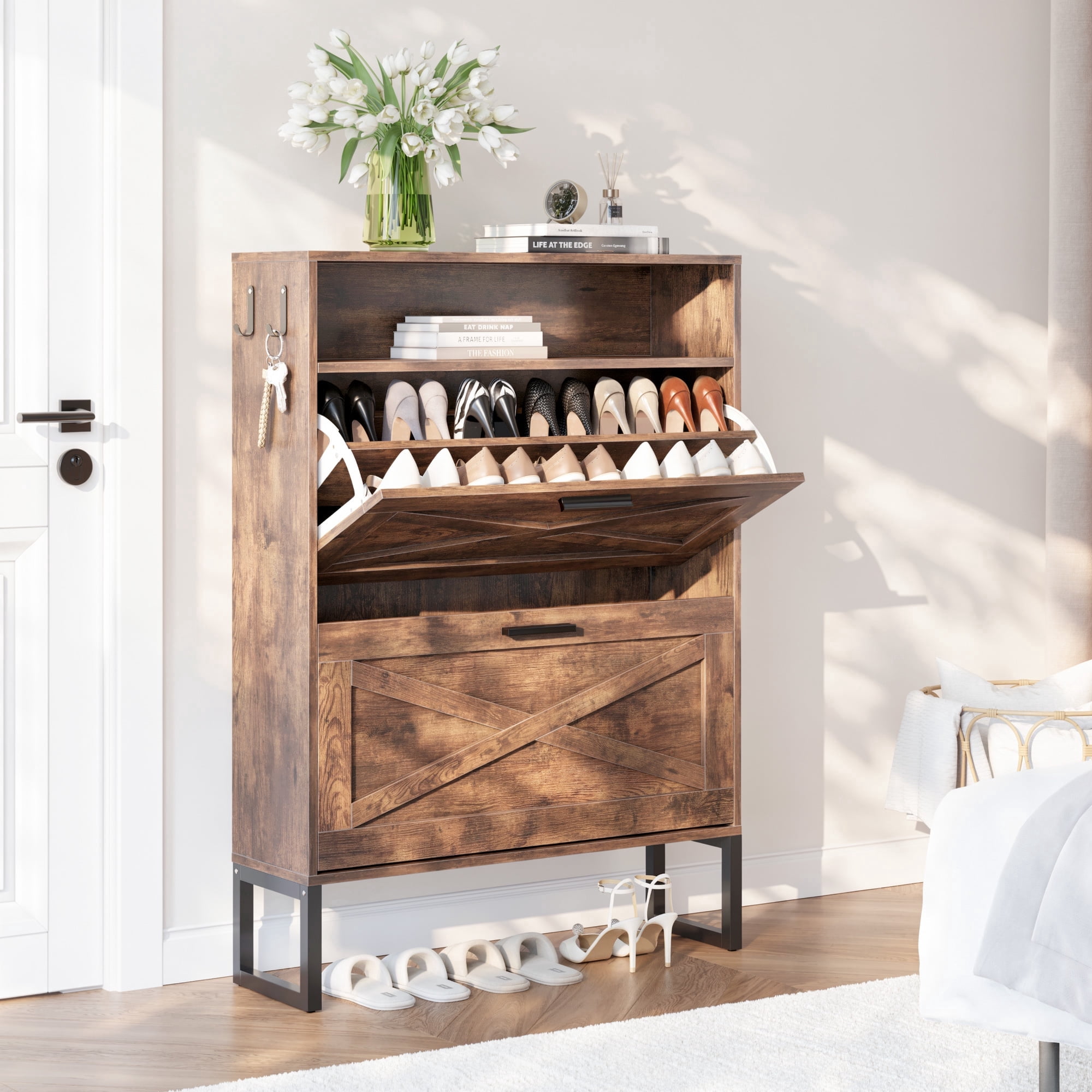 Furnibear Shoe Cabinet with Flip Door Shoe Storage for Entryway and Closet, Burnt Wood
