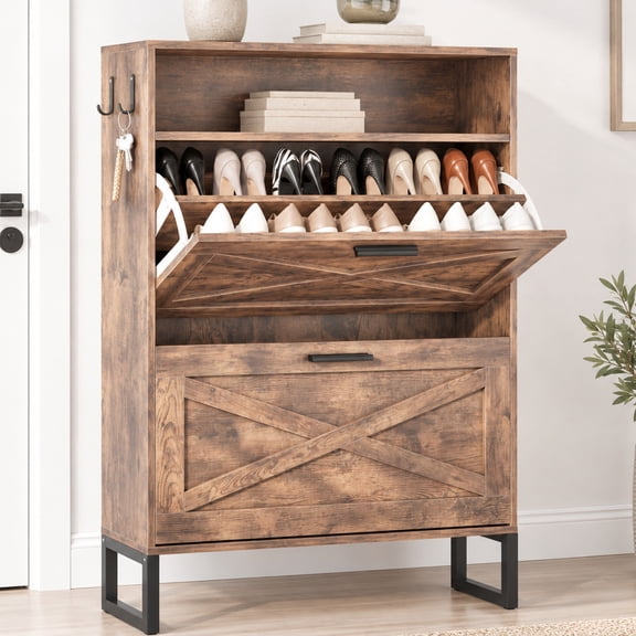 Furnibear Shoe Cabinet with Flip Door Shoe Storage for Entryway and Closet, Burnt Wood