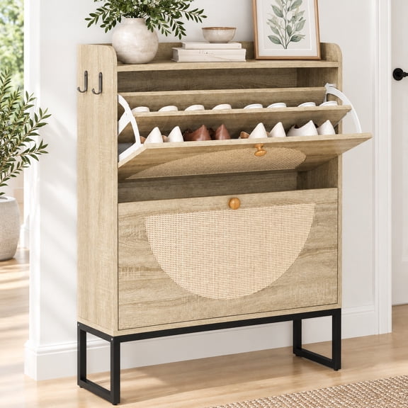 Furnibear Shoe Cabinet with Rattan Doors for Entryway Shoe Storage, Natural Wood