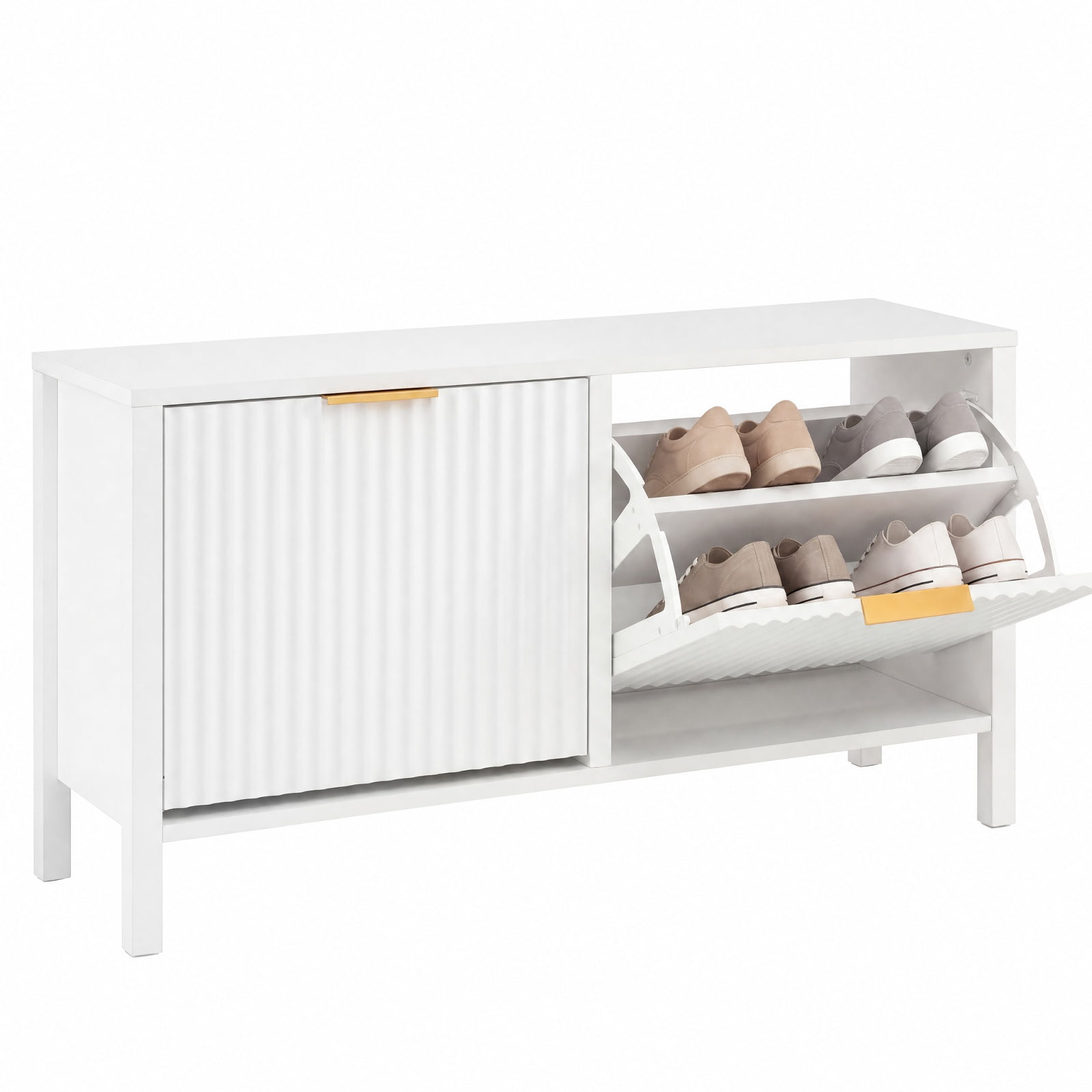Furnibear Shoe Storage Bench Narrow Wooden Entryway Bench with 2 Flip Drawers and Adjustable Shelves for Hallway Bedroom, White
