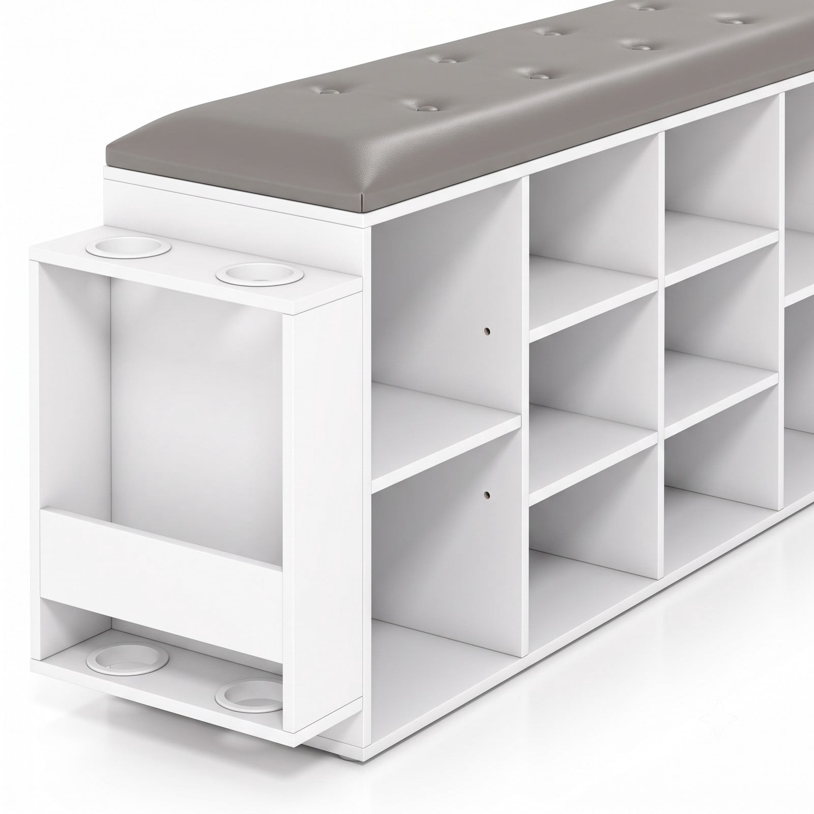 Furnibear Shoe Storage Bench with Umbrella Stand and 10 Adjustable Cube Shelves and Tufted Padded Seat for Entryway and Hallway, White