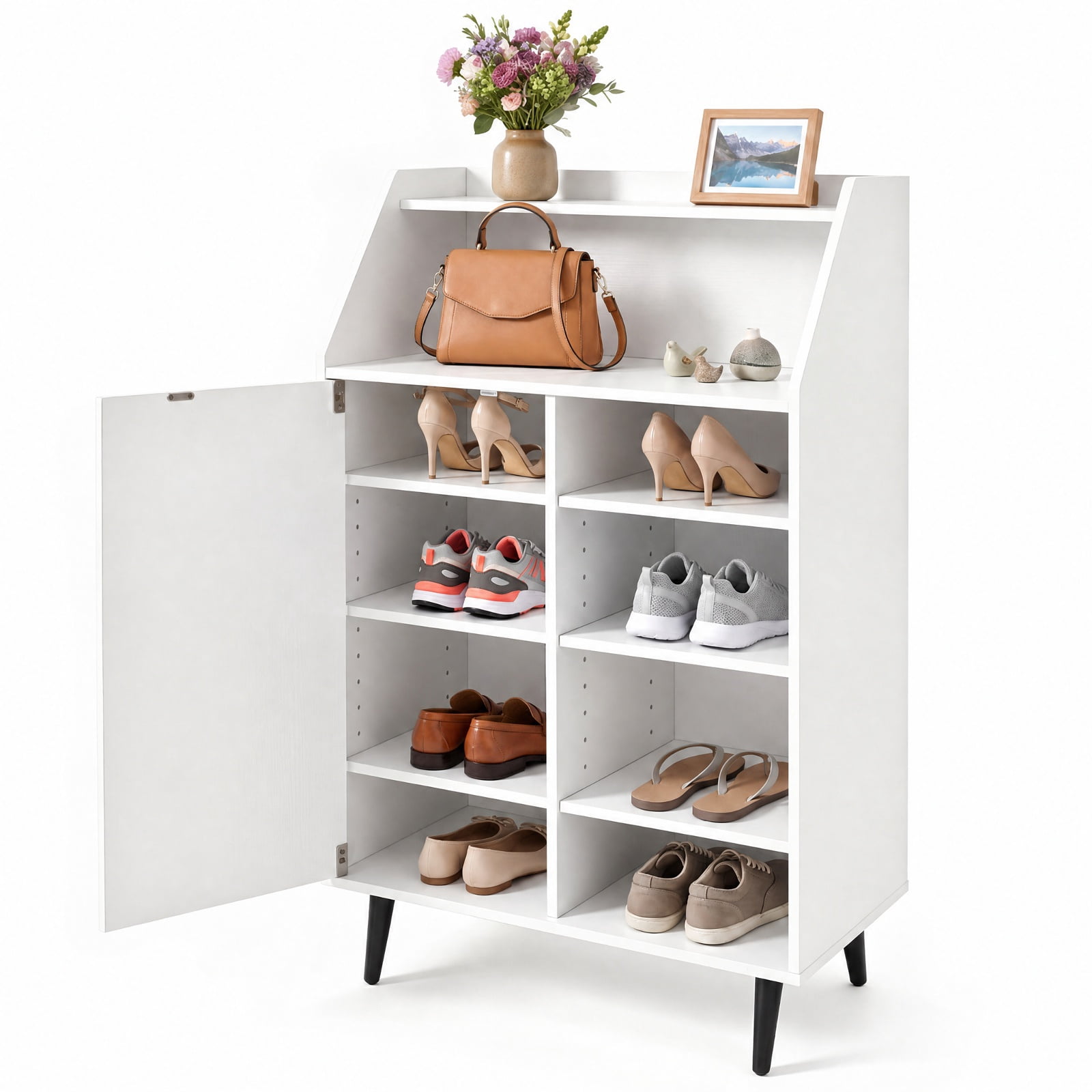 Furnibear Shoe Storage Cabinet with 2 Tier Open Compartment and 4 Tier Adjustable Shelf for Entryway Living Room Closet Bedroom, White
