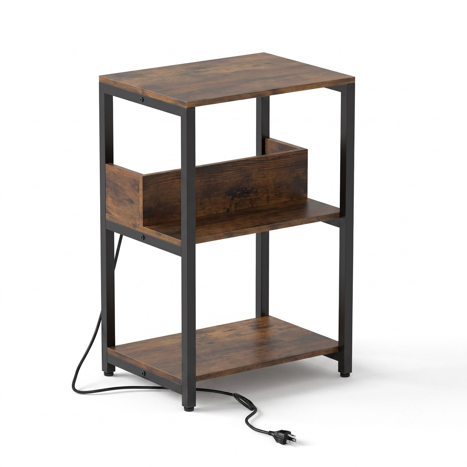 Furnibear Side End Table with Charging Station, 3-Tier Nightstand with 2 AC Outlets, USB & Type-C Ports, Open Shelves Sofa Side Table for Living Room, Rustic Brown