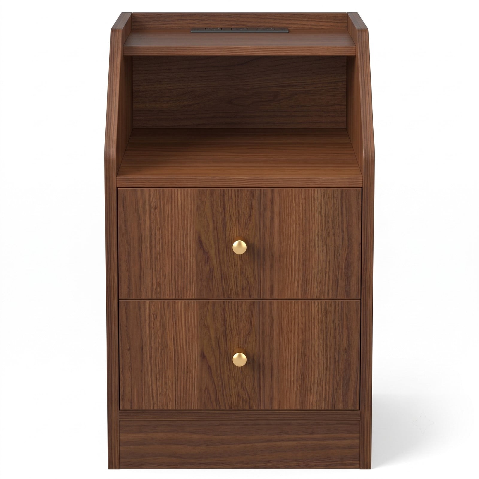Furnibear Side End Table with Charging Station, Nightstand Sofa Couch Side Table with 2 Drawers, Open Shelf and Cable Hole for Living Room Bedroom, Walnut