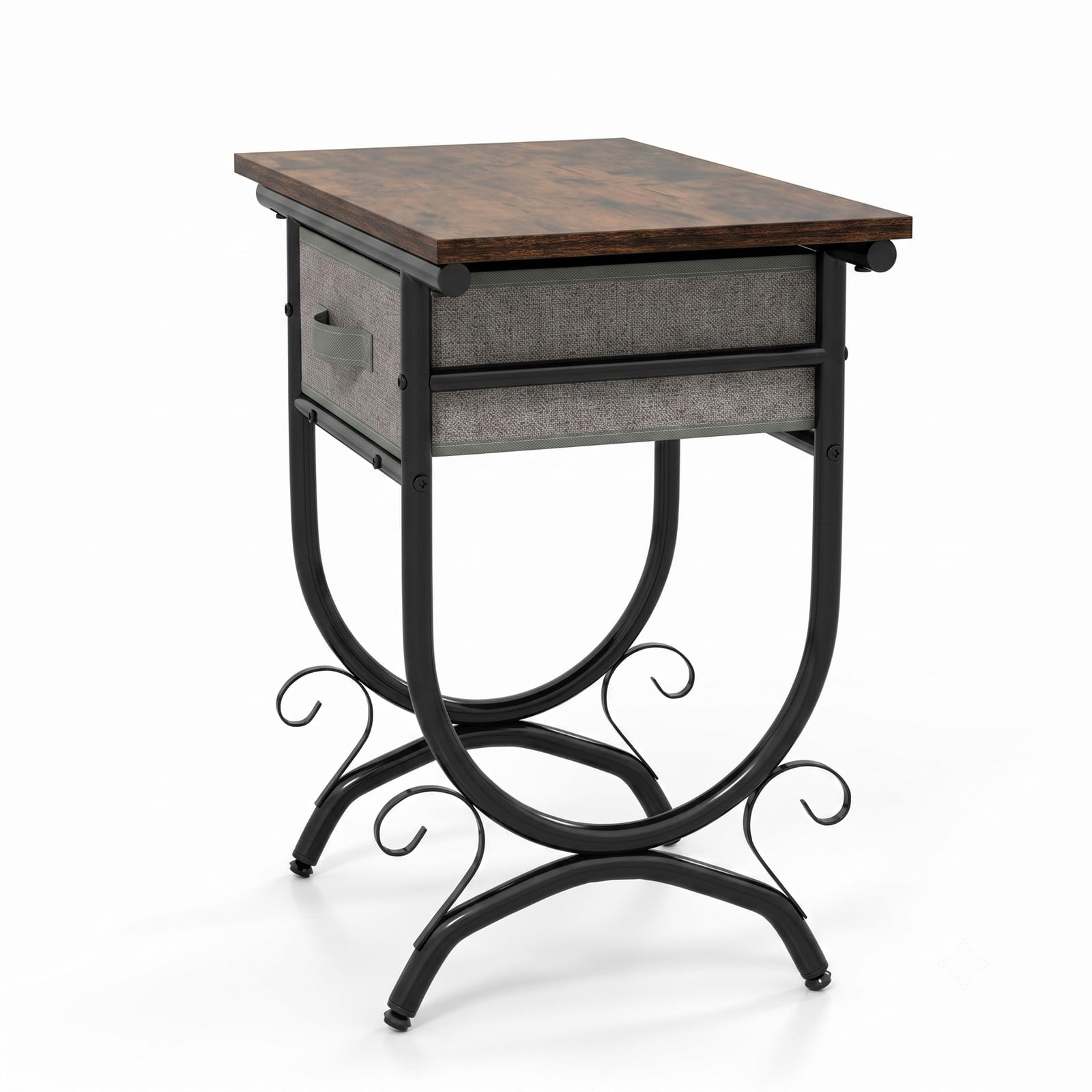Furnibear Side Table with Fabric Drawer and Carved Metal Frame Nightstand for the Living Room and Bedroom, Black and Gray