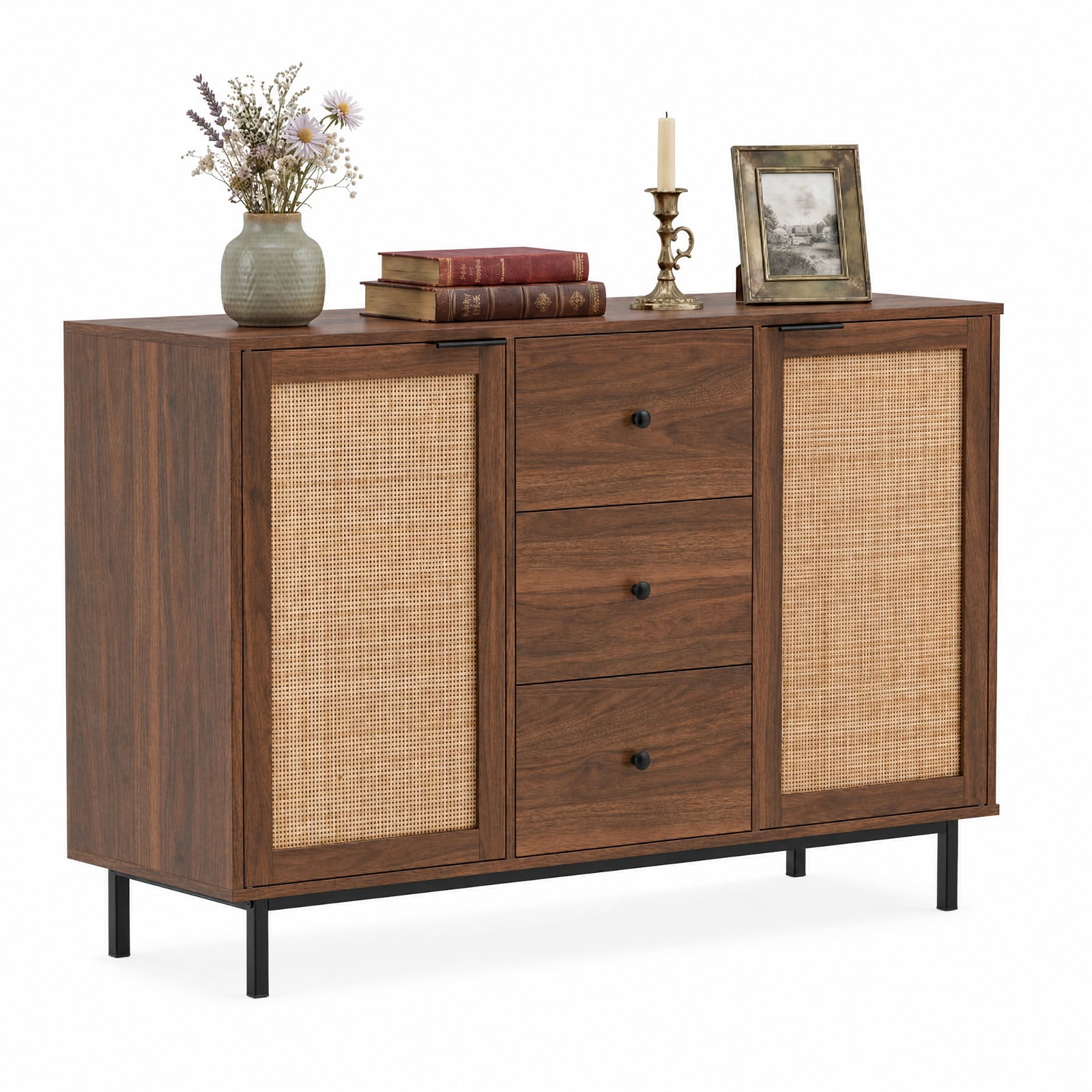 Furnibear Sideboard Buffet Cabinet Rustic Farmhouse Coffee Bar Table with 2 Rattan Doors and 3 Drawers for Kitchen Dining Living Room Buffet, Brown