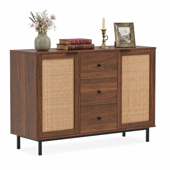 Furnibear Farmhouse Sideboard Buffet Cabinet with 2 Rattan Doors, 3 Drawers and Coffee Bar Top for Kitchen or Dining Room, Brown